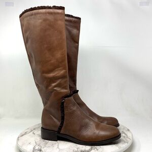 Migliorini Brown Leather Suede Ruffle Trim Knee-High Boots 7 Retro Equestrian